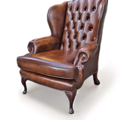 Queen Anne Traditional Leather Chesterfield Wing Chair