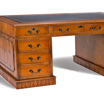 Traditional English Handmade Yew Wood Desk with Leather Top