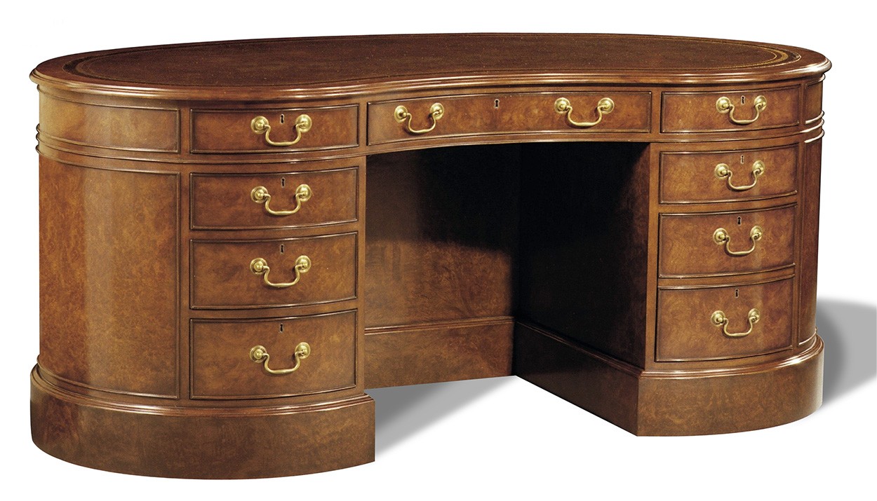 Kidney Desk in Walnut Burr with Leather Top