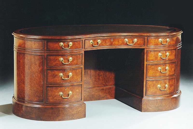 Kidney Desk in Walnut Burr with Leather Top