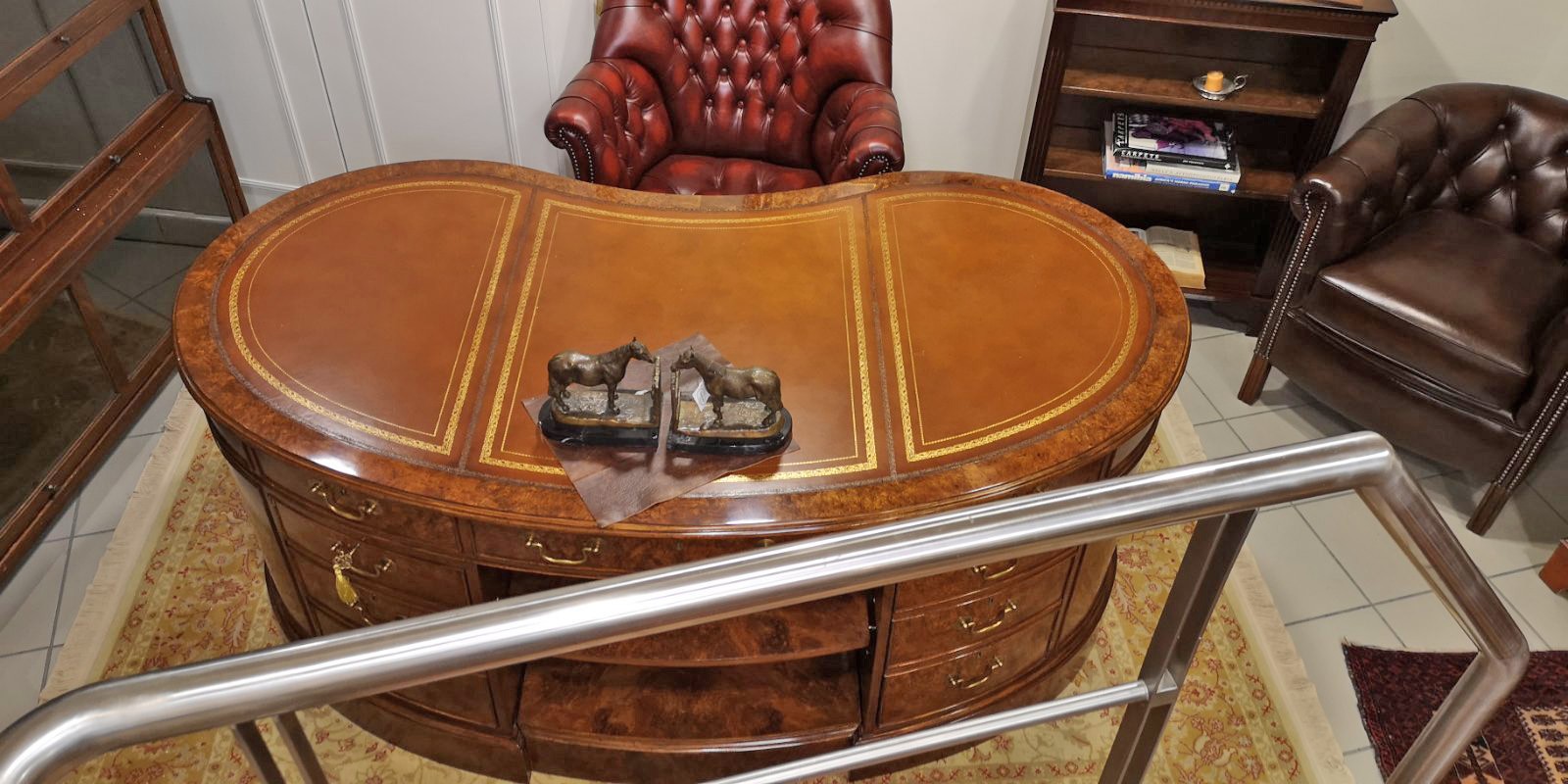 Kidney Desk in Walnut Burr with Leather Top