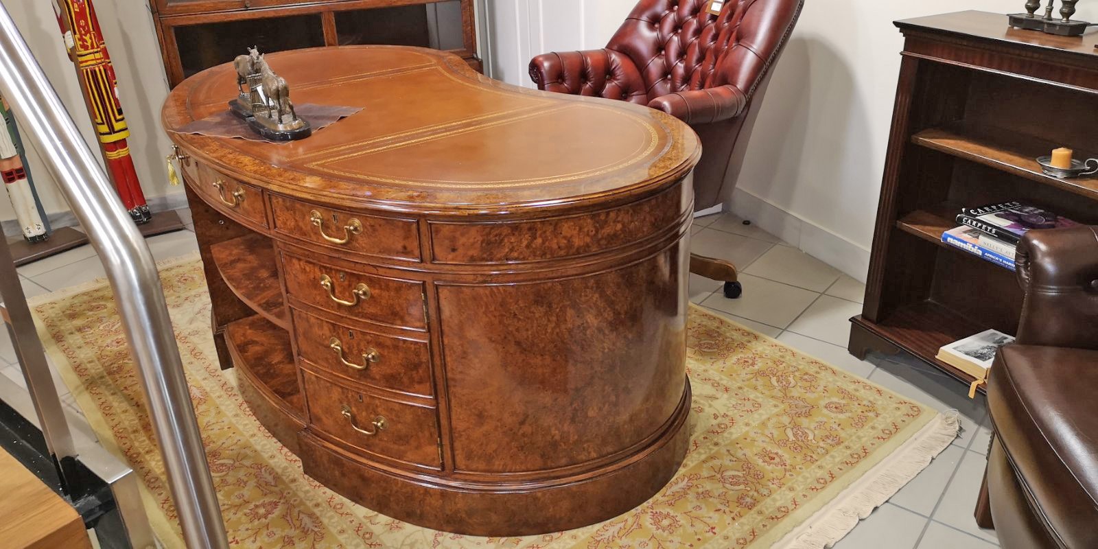 Kidney Desk in Walnut Burr with Leather Top