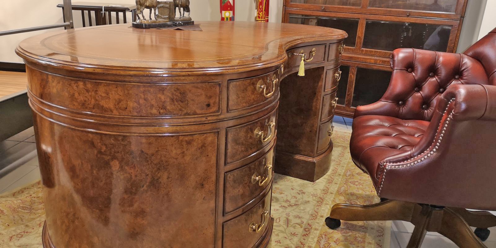 Kidney Desk in Walnut Burr with Leather Top