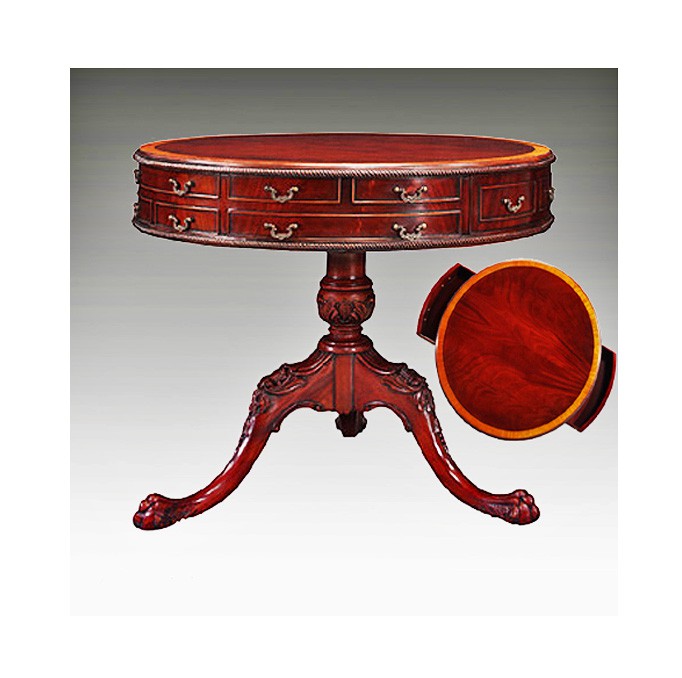 Chippendale Large English Drum Table Carved with Wood Top