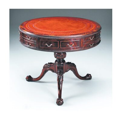 Chippendale Large English Drum Table Carved with Leather Top