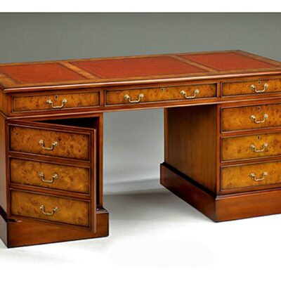 Pedestal Traditional English Handmade Leather Top Desk Burl Pedestal Traditional English Handmade Leather Top Desk Burl