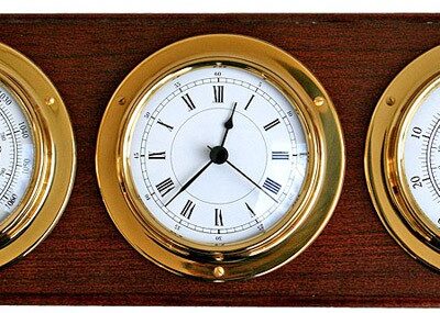 Barometer Thermometer Clock on Solid Wood Base Wall Mounted