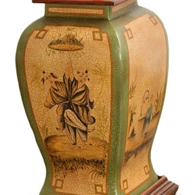 Paper Mache Handmade Tradtitional Urn Green Beige with Lid