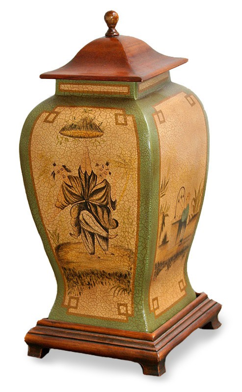 Paper Mache Handmade Tradtitional Urn Green Beige with Lid