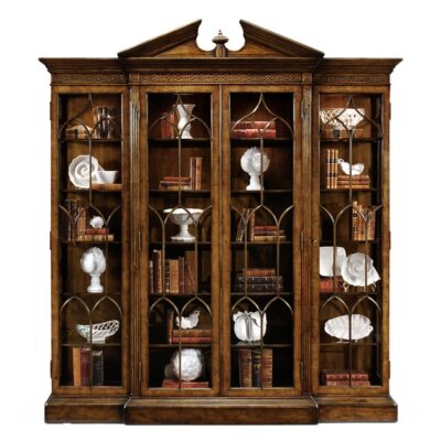 Triple Breakfront Walnut Display Cabinet with Pediment
