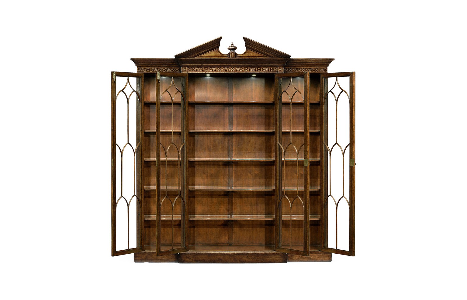 Triple Breakfront Walnut Display Cabinet with Pediment