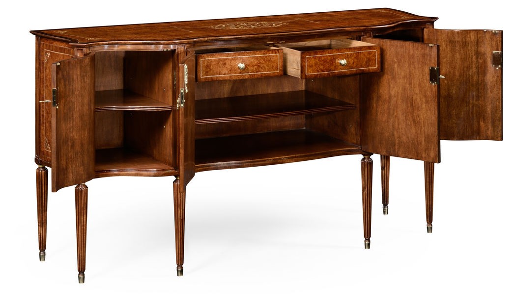 Burl and Mother of Pearl Inlaid Serpentine Sideboard