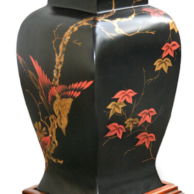 Paper Mache Black Oriental Urn with Wood Top and Base