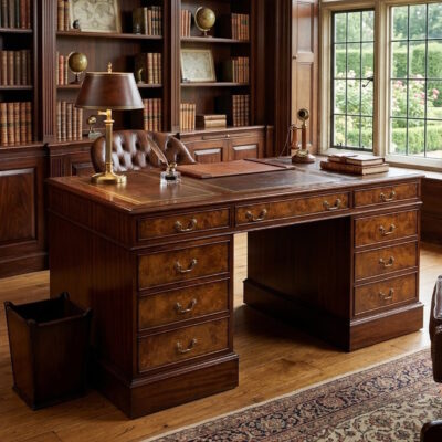 English Leather Top Desk in Burl