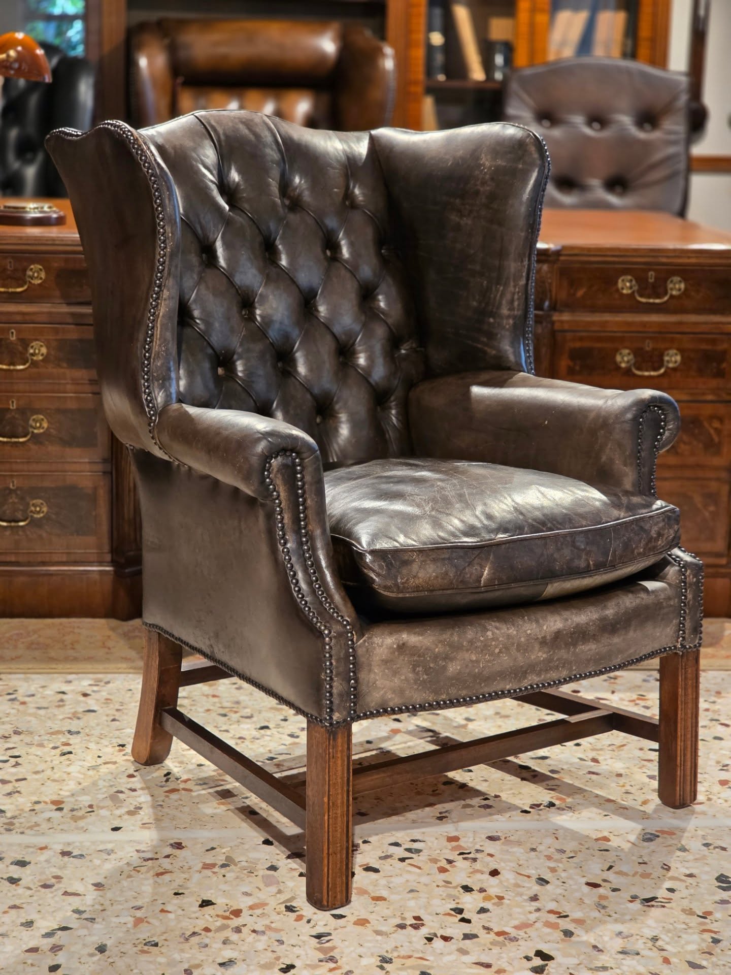 Chippendale 1920's Leather Wing Chair